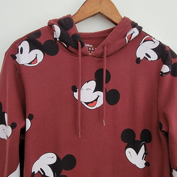Disney Mickey Mouse Size Small Hooded Sweatshirt Maroon Pouch Pocket Unisex - Picture 2 of 7